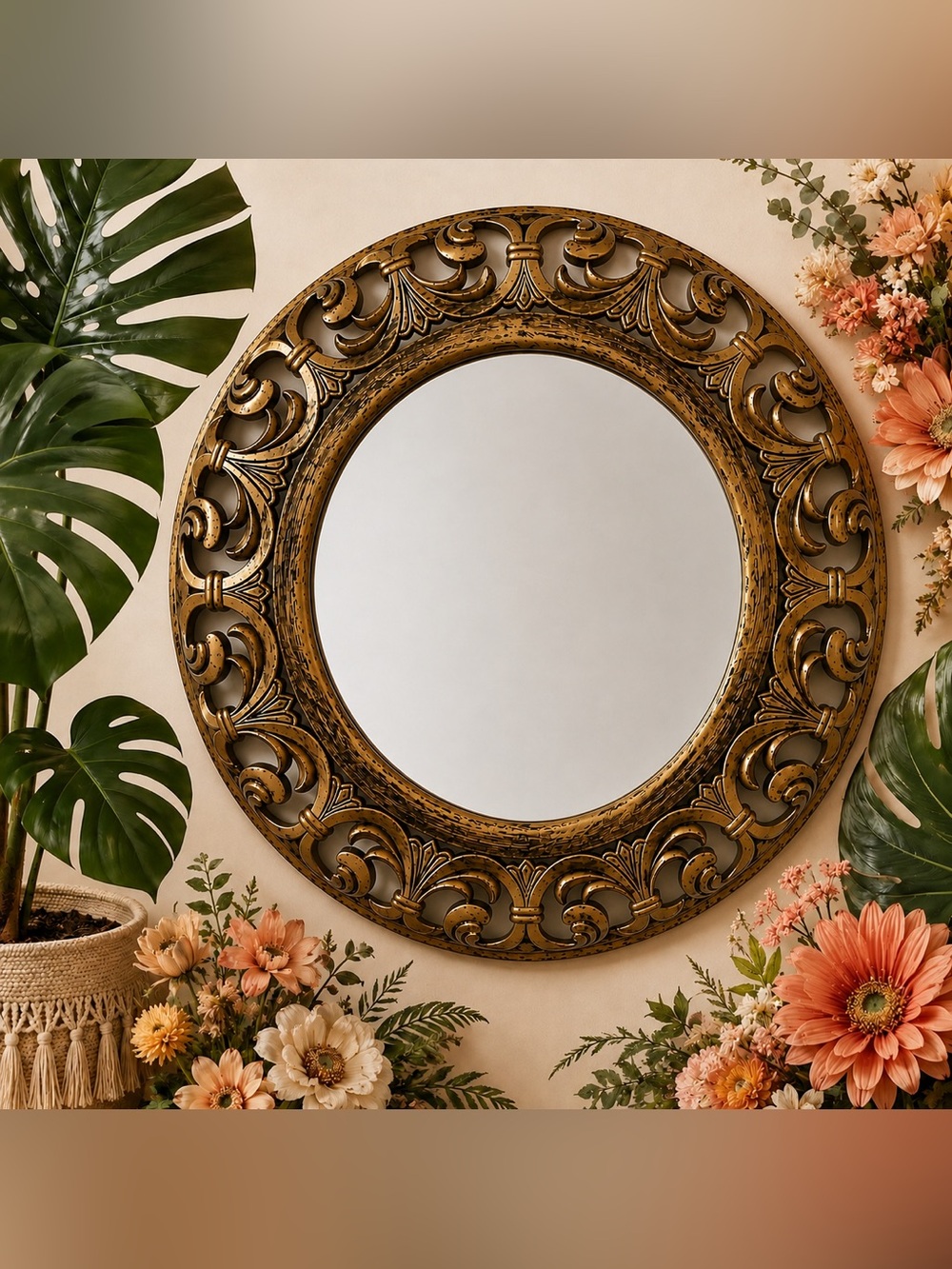 Ornate Round Gold Wall Mirror – Vintage Baroque Hollywood Regency Style